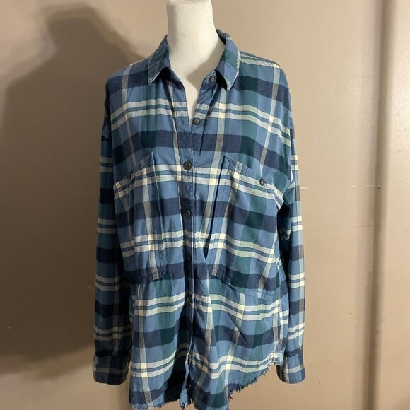 Free People Mid Weight Plaid Button Up Shirt Blue White Deep Front Pockets Sz M - Picture 1 of 9